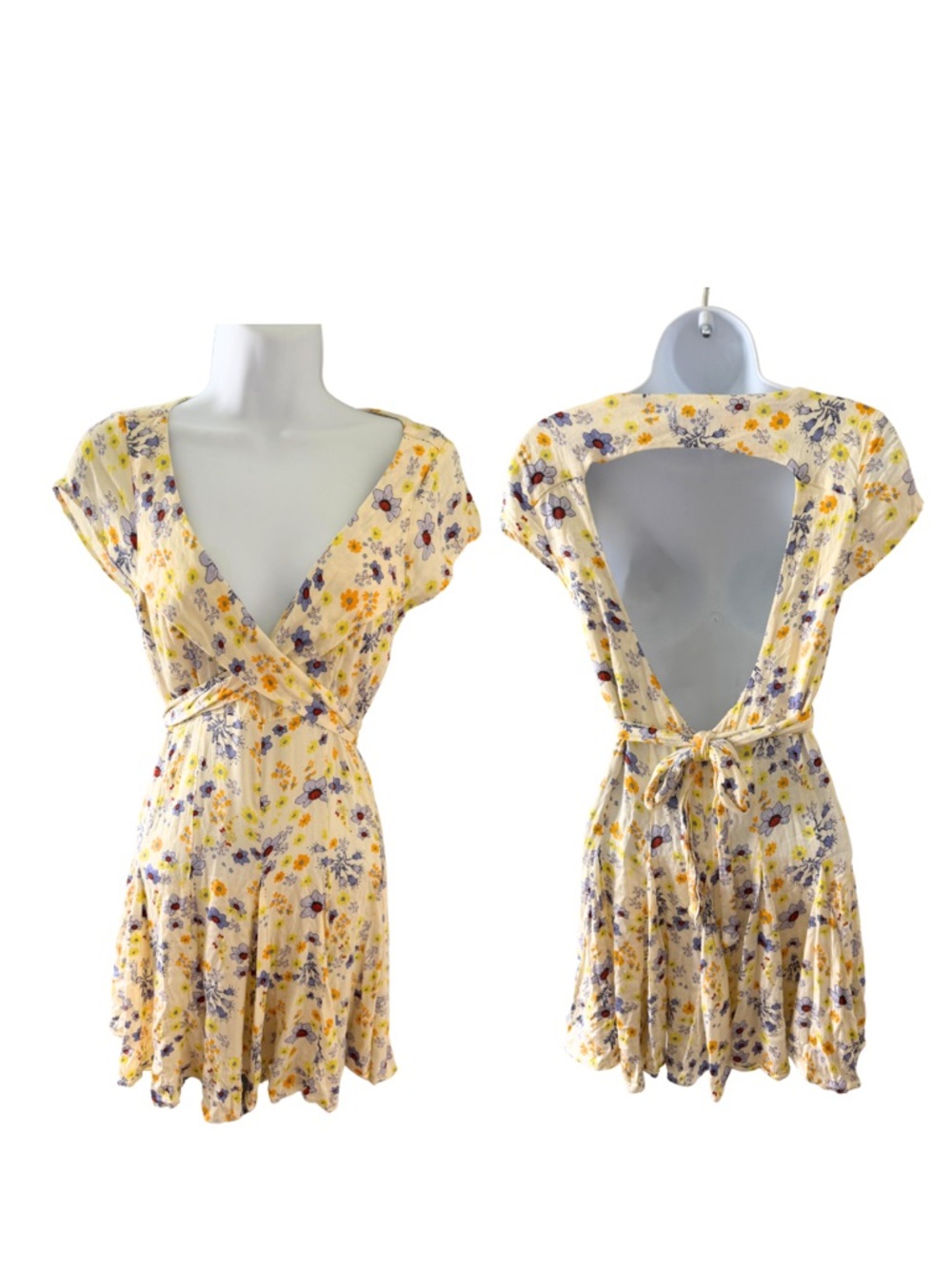 Free People Cream with Yellow & Purple Floral Wrap-Style Open Back Mini Dress